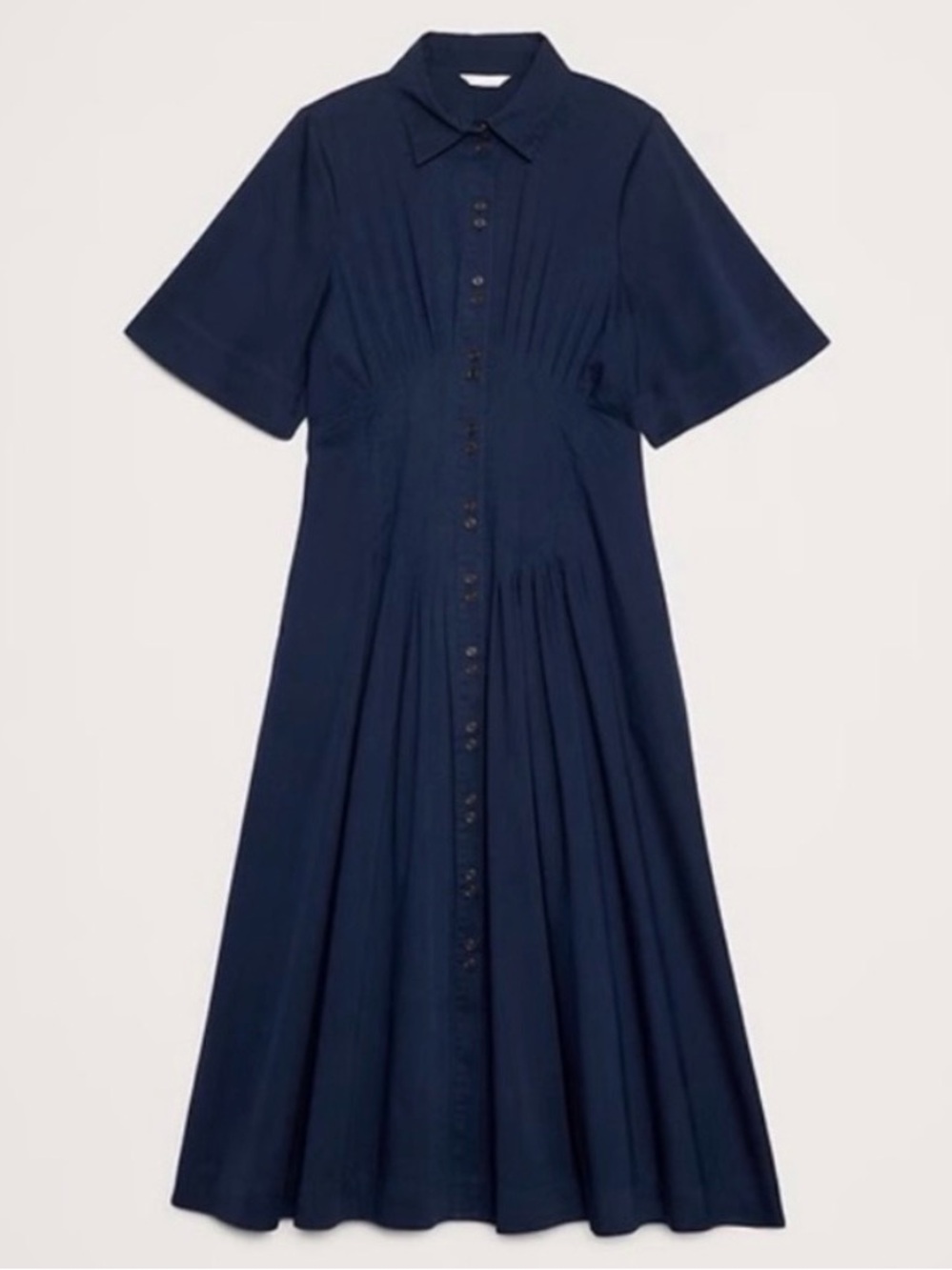 Banana Republic Stretch-Cotton Poplin Pintuck Long Navy Blue Shirt Dress (M) - Picture 3 of 8
